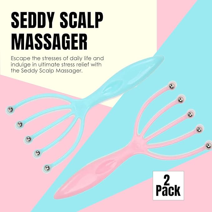 Seddy Scalp Massager, Portable Hand Held SPA Head, Neck, & Body Massager for Deep Relaxation & Stress Reduction- Stimulates Blood Circulation in The Head to Promote Hair Growth. (2 Pack) (Blue)(Pink)