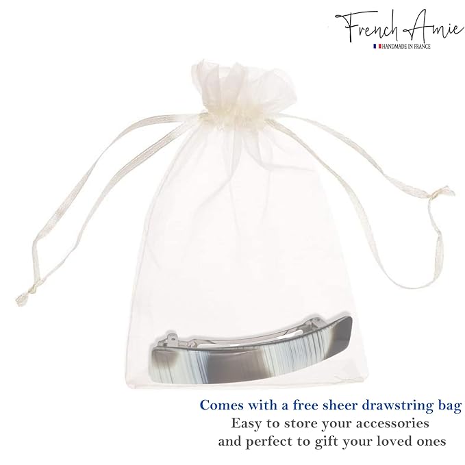 French Amie Oblong Handmade 3.5" Celluloid Automatic Hair Clip Barrette French Hair Clip for Girls Strong Hold Hair Clips for Women No Slip Durable Paris Hair Accessories, Made in France (Ivory Black)