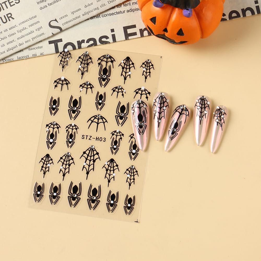3 Sheets Halloween Nail Art Stickers Black Spider Nail Stickers for Nail Art 3D Self-Adhesive Black Spider Web with Diamond Design Halloween Nail Charms Goth Decorations for Women DIY