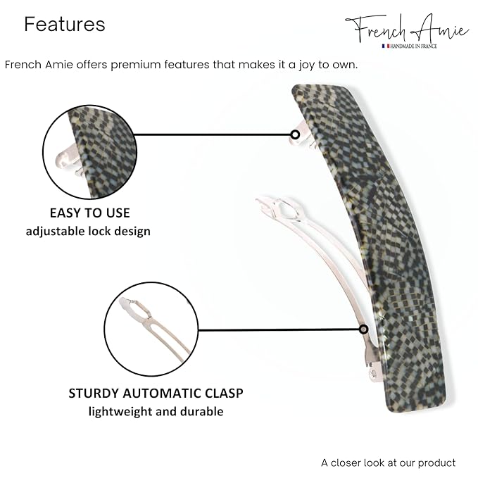 French Amie Oblong Handmade 3.5" Celluloid Automatic Hair Clip Barrette for Girls Strong Hold Hair Clips for Women No Slip Durable Hair Accessories, Made in France (Opera)