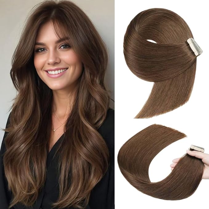 Tape in Hair Extensions Human Hair 20pcs Remy Hair Extensions 18 Inch Darkest Brown Straight Invisible Human Hair Tape in Extensions Skin Weft Tape Extensions Human Hair (4#,18 Inch)