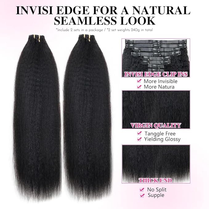 Invisi Edge Clip In Hair Extensions Human Hair 2 Pack 240g 16pcs Kinky Straight Invisible Clip Ins For Women Full Head Injected Clip Ins Remy Human Hair Extensions Natural Color 26inch