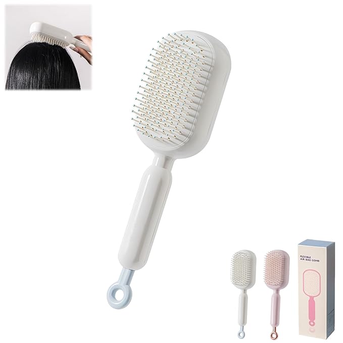 Retractable Cushion Massage Comb Brush, Pull Ring Cushion Massage Brush, Anti-Static Easy-Clean Massage Comb, Portable Travel, Smooth Clean Detangling Comb for All Hair Types(White)