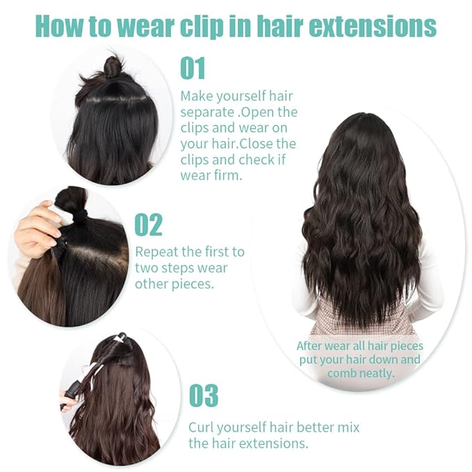 KooKaStyle Clip in Synthetic Hair Extensions Long Wavy 4PCS Thick Hairpieces Dark Brown 6# Fiber Double Weft Natural Hair Extensions 16 Inch for Women