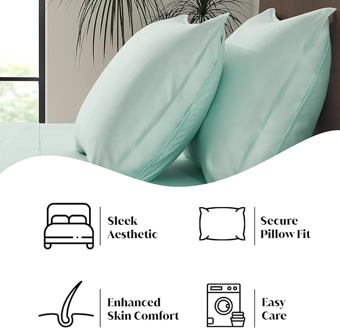 Luxury Bamboo Market | Queen Envelope Pillowcase Set | 100% Viscose Made from Bamboo | Organically Grown | Ultra Soft | Cooling | 2pcs [Coastal Green]