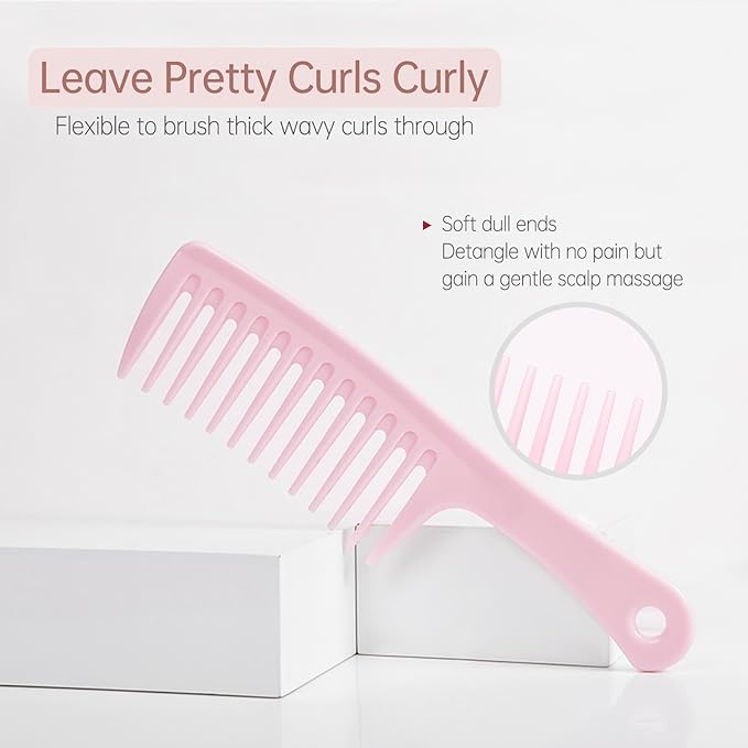 Wide Tooth Comb for Women Curls Styling, Pink Large Hair Comb for Wet or Dry Use in Shower, Blow Drying, Travel - Hurt-Free Brushing on All Hair Types, 1 Pack