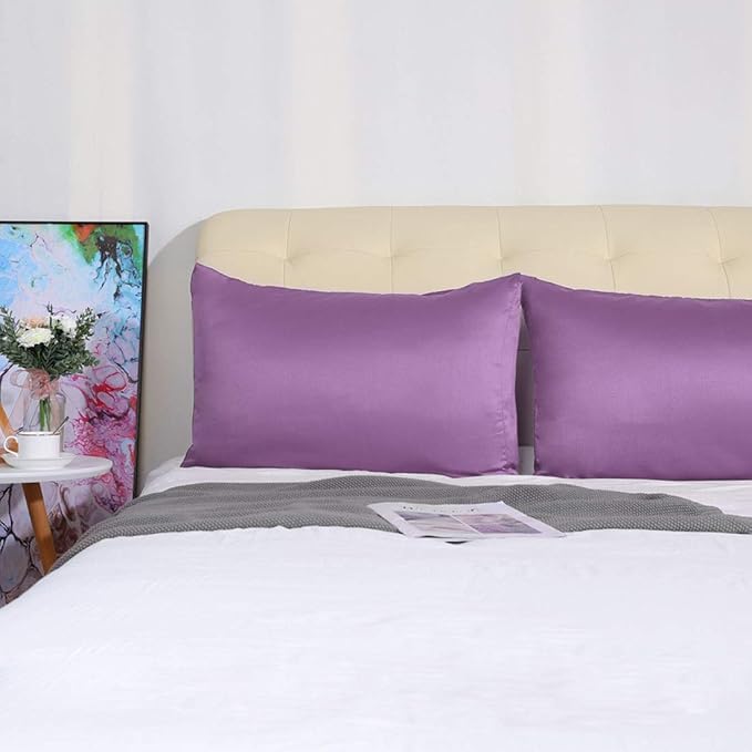 uxcell 2 Pack Silk Satin Pillowcase for Hair and Skin, Cool, Silky, Soft Breathable Pillow Cases Travel Size 14x20 Inch Sateen Pillowcase Purple with Envelope Closure