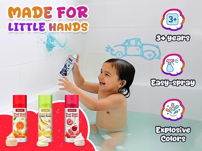 Bath Foam for Kids - 4-Pack Foam Soap for Kids - Soft, Fluffy, Scented Soap - Colorful to Build Fun Bath Art - Easy Spray Nozzles - Cherry, Mango, Blueberry, & Orange -3Oz cans
