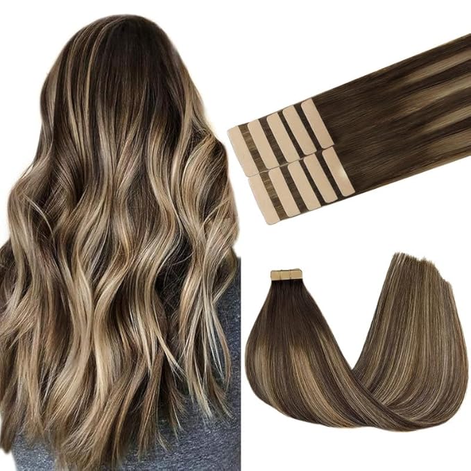 GOO GOO Tape in Hair Extensions Human Hair, 4/26/4 Balayage Chocolate Brown to Honey Blonde, 18inch 25g 10pcs, Skin Weft Seamless Invisible, Silky Straight with Thick Ends, Remy Human Hair
