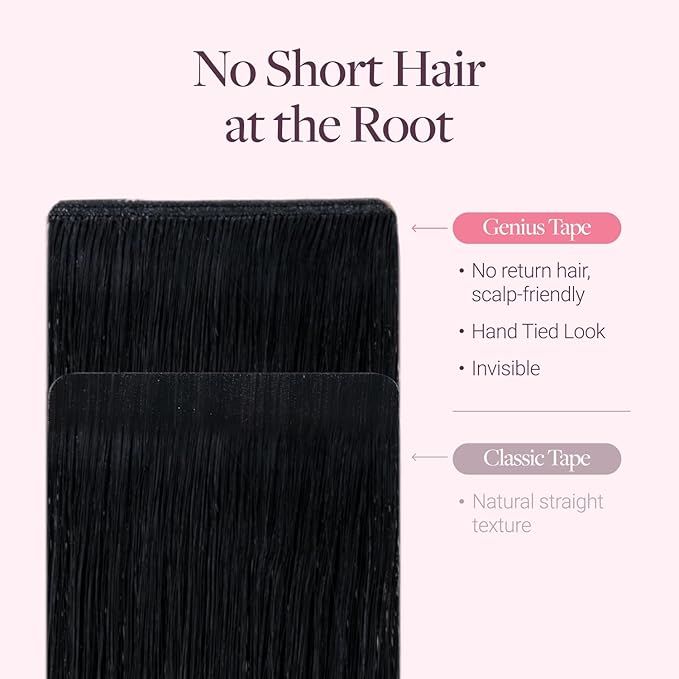 GOO GOO Genius Tape in Hair Extensions, Hand Tied Tape Weft, 1 Jet black, 16inch 50g 20pcs, Remy Human Hair, Seamless Invisible Tape, Natural Blend, Lightweight