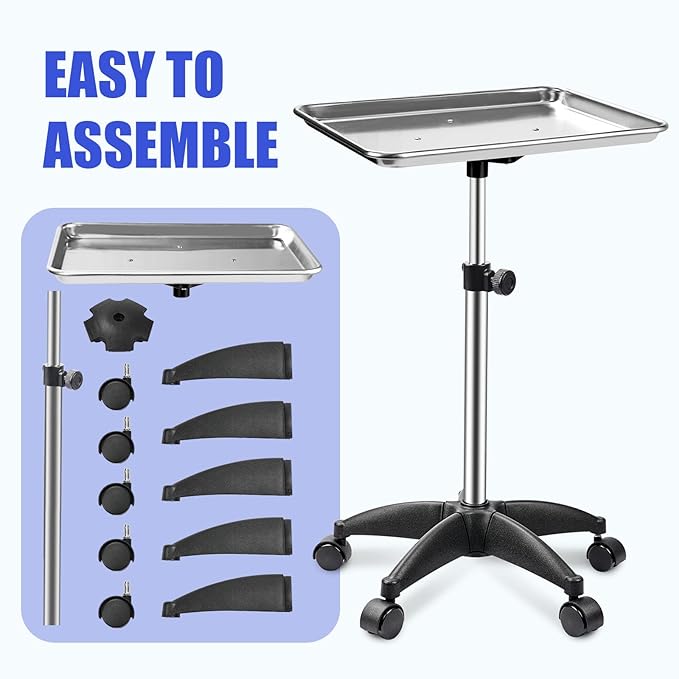 Rolling Salon Tray, Adjustable Salon Tray on Wheels, Premium Aluminum Tattoo Tray Cart for Spa Clinic, Silver