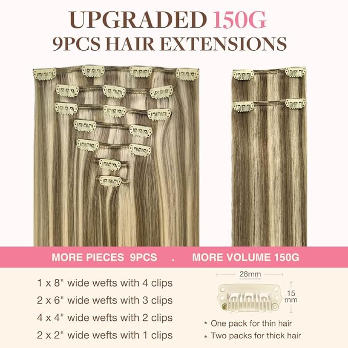 GOO GOO Clip in Hair Extensions Real Human Hair, Remy Human Hair Extensions Clip ins for Women, Natural Human Hair, 14inch 150g 9Pcs, 8A/22 Medium Brown Highlighted Golden Blonde