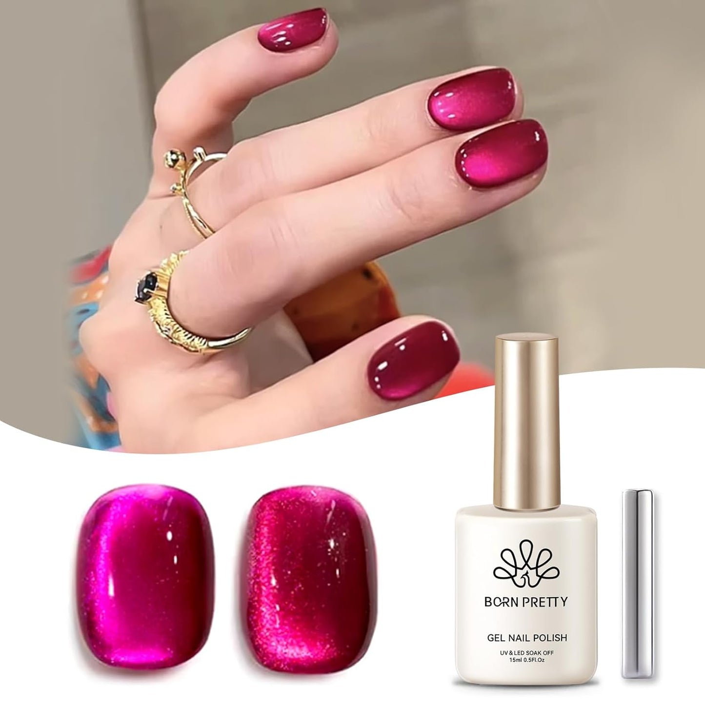 Born Pretty Cat Magnetic Eye Gel Nail Polish, Dragon Fruit Hot pink Glass Cat Magnetic Gel, Glass Shiny Effect Soak Off Nail Art Salon Manicure Home Gift 15ml