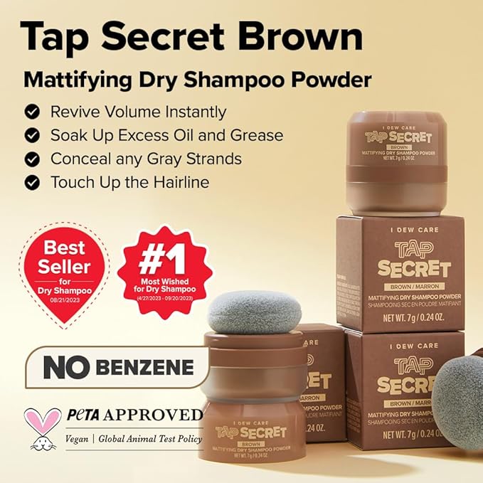 I DEW CARE Biotin Clarifying Dry Shampoo - Tap Secret Brown | Strengthening & Volumizing, Powder Type, Refillable, Travel size, Non-aerosol, Brunette, Korean Ginseng, Preppy Stuff, 0.26 Oz