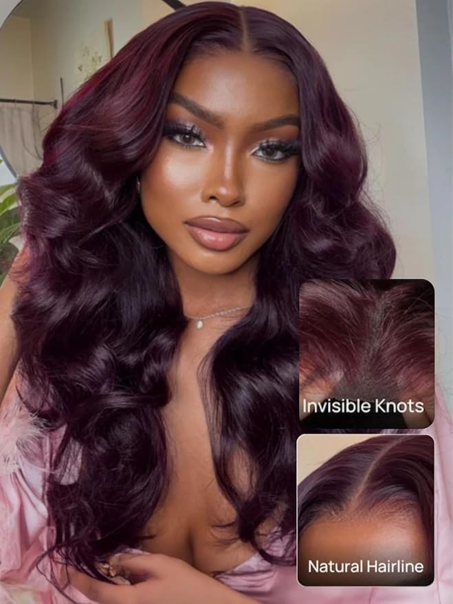 KLAIYI Black Cherry Loose Body Wave Pre Eeverything 13x4 Lace Frontal Wigs Human Hair Bye Bye Knots Glueless Ready to Wear and Go Wig with Face Framing Bangs Drawstring Pre Plucked Burgundy Wig 18Inch