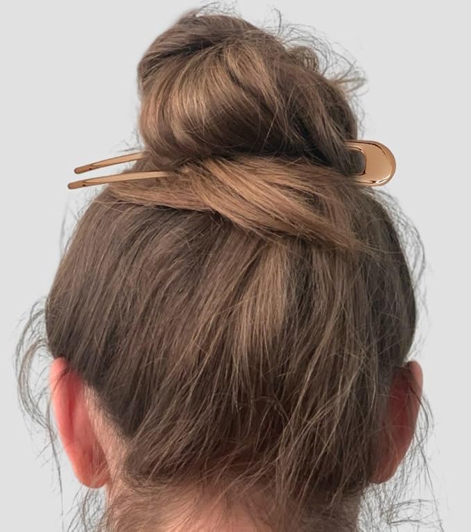French Hair Pins - Metal Hair Fork Extra Long U Shaped Chignon 2-Prong Sticks for Women Bun Hair Accessories (Rose Gold - 2 Pcs)
