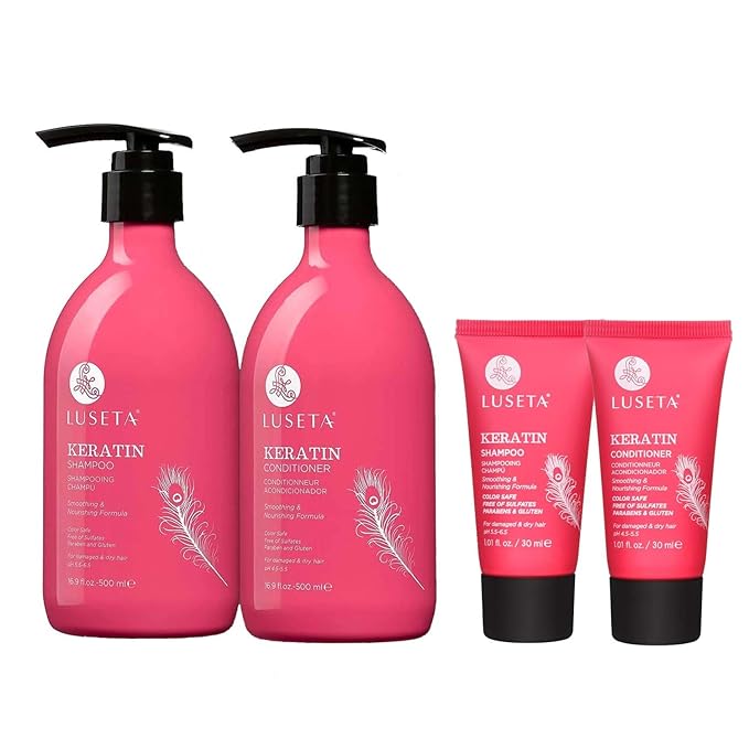 Luseta Keratin Shampoo Full + Travel Size Shampoo + Conditioner Set for Color Treated Damaged & Dry Hair, Keratin Hair Treatment for Smoothing& Nourishing (2x16.9 FL Oz + 2x1.01 FL Oz)