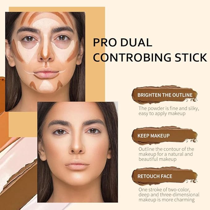 4 Colors Cream Contour Sticks Makeup Kit, Primer Face Highlighter Contouring for Beginners, Highlight and Contour Kit, Cream Concealer Makeup Blur Stick, Primer Face Corrector 1#,3#