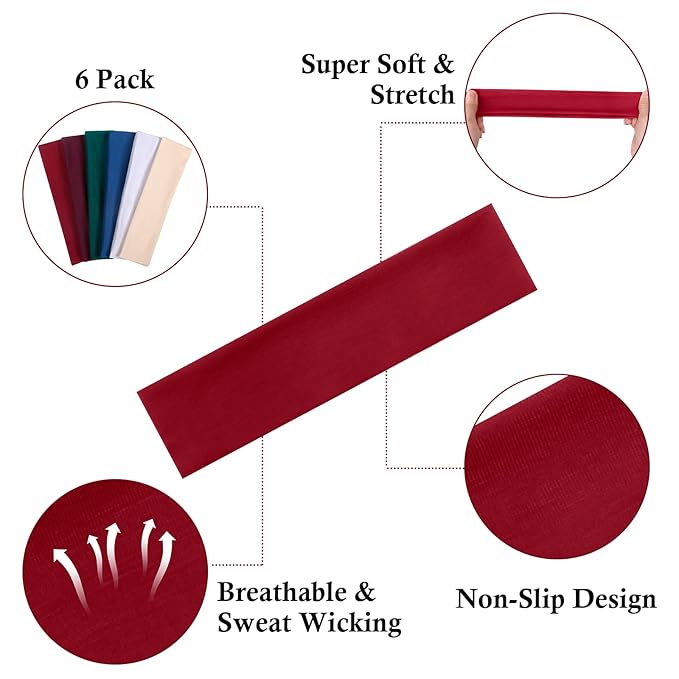 TERSE Women's Non Slip Elastic Sweat Headbands, Soft Fabric Hair Bands, 6 Count (Pack of 6), 2.25 inches Wide, Sports Headbands, Female, Adult