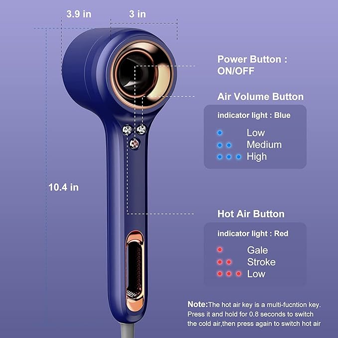 Hair Dryer, Ionic Blow Dryer, 110, 000 RPM Brushless Motor for Fast Drying, Low Noise, Memory Function, Reduce Frizz, Hollow，Professional High Speed Hairdryer with 2 Magnetic Nozzles for Home, Salon