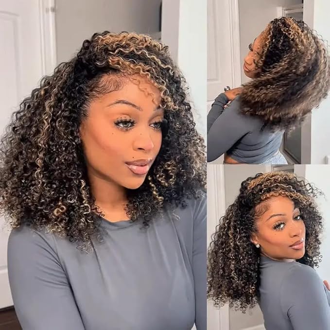250% Density Curly Half Wig Human Hair Ombre Kinky Curly Wear Go Glueless Wigs Human Hair Balayage Highlight 3 In 1 Half Wig With Adjustable String Flip Over Beginner Friendly Invisible Hairline