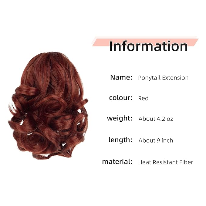 Ponytail Extension, Clip on Ponytails for Women, 9" Claw Clip in Short Curly Wavy Pony Hair Extension for Women - Red