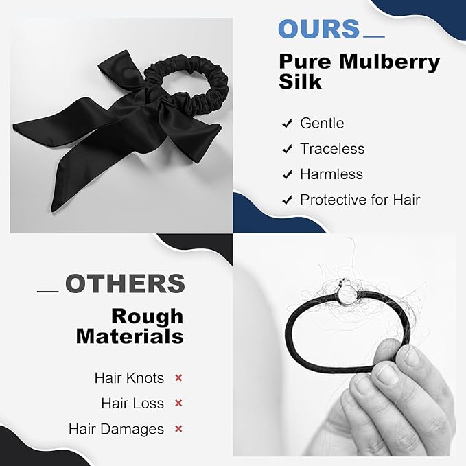 1 Piece Silk Bow Scrunchies for Hair-100% Pure Mulberry 22 Momme Silk Hair Tie, Elastic Ponytail Holder, Elegant Soft Bow Hair Ties Band for Women Hair Care, Multiple Colours (BLACK)