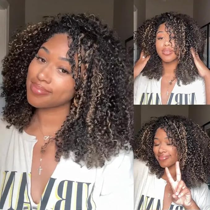 Kinky Curly Half Wig Human Hair 250% Density Wear Go Glueless Wigs Human Hair Curly 3 In 1 Half Wigs for Women Drawstring Seamless Flip Highlight Blonde Headband Wig Beginner Friendly (18 Inch)