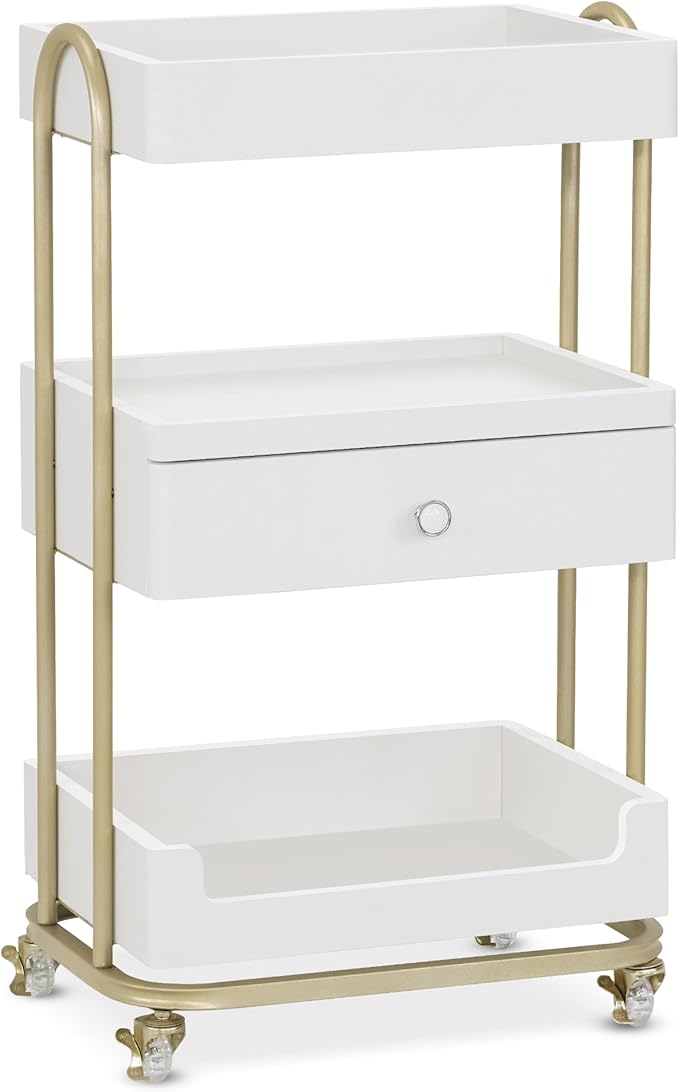 BarberPub Salon Trolley Cart with Lockable Wheels, Stylist Trolley with 3 Shelves, Salon Storage Cart for Beauty Shop, Barber Shop, Spa 2086 (White&Gold)