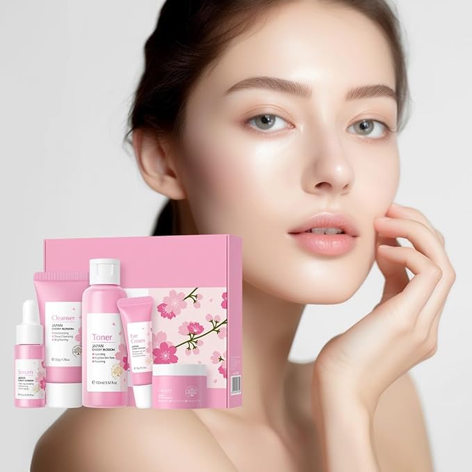 Greyghost Skin Care Set for Teenage Girls Women, 5 Pcs Cherry Blossom Skincare Set - Cleanser, Toner, Serum, Eye cream, Cream, Gentle Skin Cleaning & Care Gift Set, Travel Size Skin Care Set