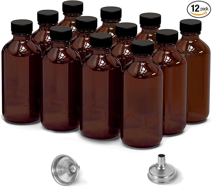 12 Pack 2oz Amber Glass Bottles for Vanilla Extract, Boston Round Leak-Proof Brown Glass Jars with Caps, Bonus Funnel - Ideal for Homemade Extracts, Essential Oils, DIY Christmas Party Gift Supplies