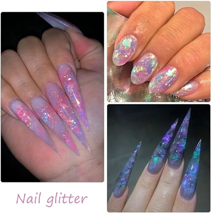 12 Colors Holographic Nail Art Glitter Sequins Aurora Holographic Mermaid Nail Glitter Flash Ice Residue Nail Glitter Sequin Chameleon Flakes Set Fluorescent Glass Paper for Face Body DIY Decoration