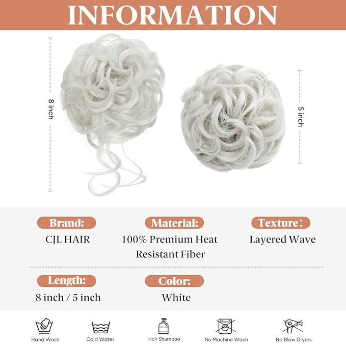 CJL HAIR 2PCS Messy Bun Hair Pieces Wavy Curly Synthetic Updo Chignon Fake Scrunchies Ponytail Extension for Women White