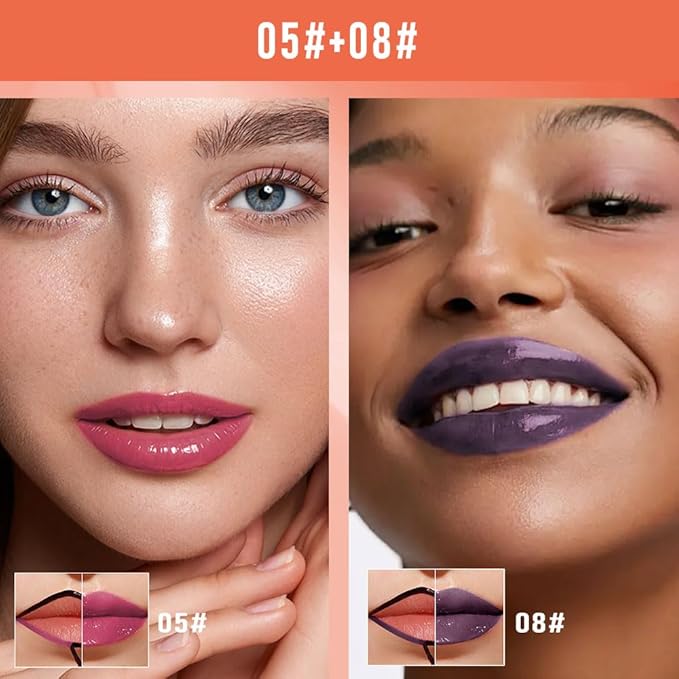 2Pcs Peel Off Lip Gloss Tattoo and Lip Oil 2-in-1, Lip Stain Peel Off Masque - Peel Off Lip Tint ,Long Lasting Waterproof Transfer-proof Lip Mask Lip Gloss Peel Off Lip Liner,Stay Lip Makeup 05#+08#