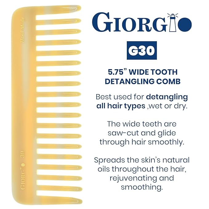 Giorgio G30 Large 5.75 Inch Hair Detangling Comb, Wide Teeth for Thick Curly Wavy Hair. Long Hairs Detangler Comb For Wet and Dry. Handmade of Cellulose, Saw-Cut, Hand Polished, Ivory 6 Pack
