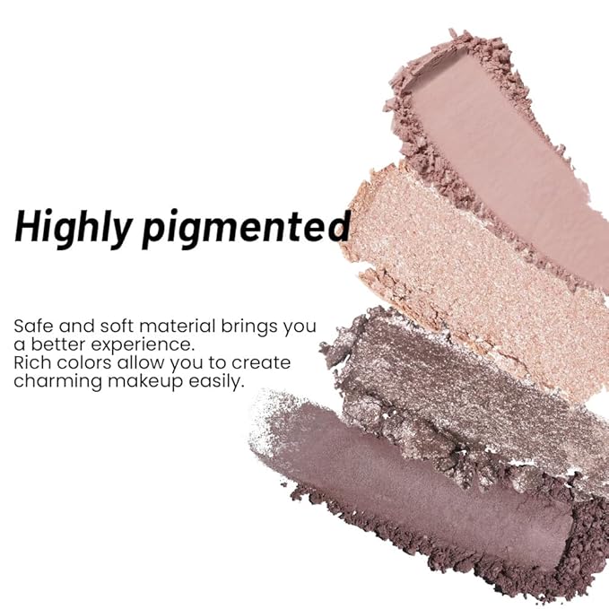 Nude Eyeshadow Quad Palette, Champagne Dusty Pink Plum Mauve Taupe Glitter Metallic Shimmer Matte High Pigment Mini Eyeshadow Eye Shadow Palette Makeup for older Women, Travel Size Built in Mirror