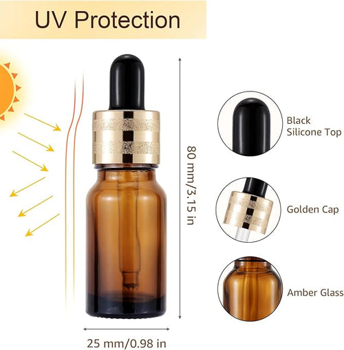30 Pack 10ml Amber Glass Dropper Bottles with Droppers, Funnels & Labels for Essential Oils, 1/3oz Eye Dropper Bottles with Golden Caps, Brown Empty Glass Tincture Vials for Travel