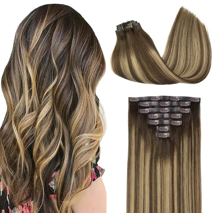 GOO GOO Clip in Hair Extensions Real Human Hair, Remy Human Hair Extensions Clip ins for Women, Natural Human Hair, 14inch 110g 7Pcs, 4/27/4 Balayage Chocolate Brown to Caramel Blonde