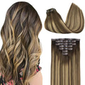 GOO GOO Clip in Hair Extensions Real Human Hair, Remy Human Hair Extensions Clip ins for Women, Natural Human Hair, 20inch 110g 7Pcs, 4/27/4 Balayage Chocolate Brown to Caramel Blonde