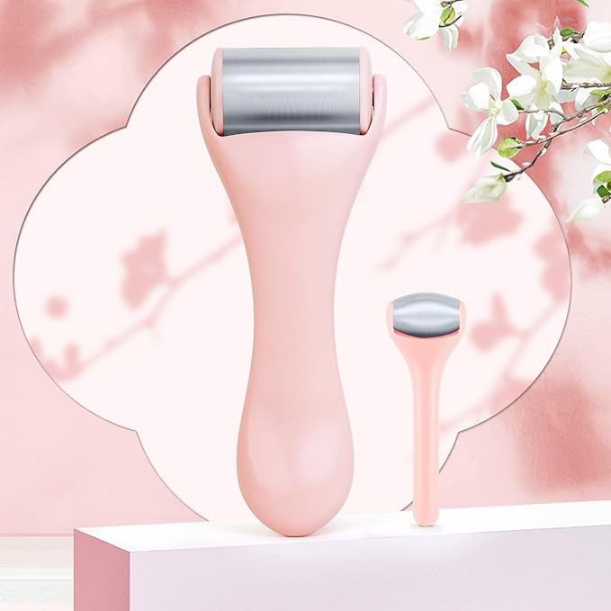 Ice Roller for Face and Eye 2 Pcs,Face Roller Skin Care for Puffiness,Migraine,Pain Relief,Eye Roller For Puffy Eyes Dark Circles,Stainless Steel Facial Roller (Pink)