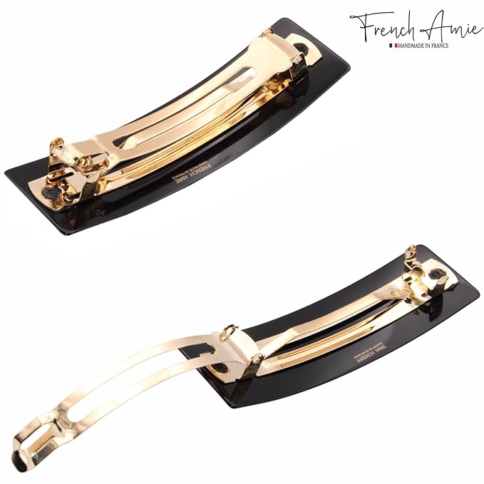 French Amie Fine 1" Wide Rectangular Celluloid Handmade Blush Pink with Black Edges Automatic Hair Barrettes for Women French Hair Clips