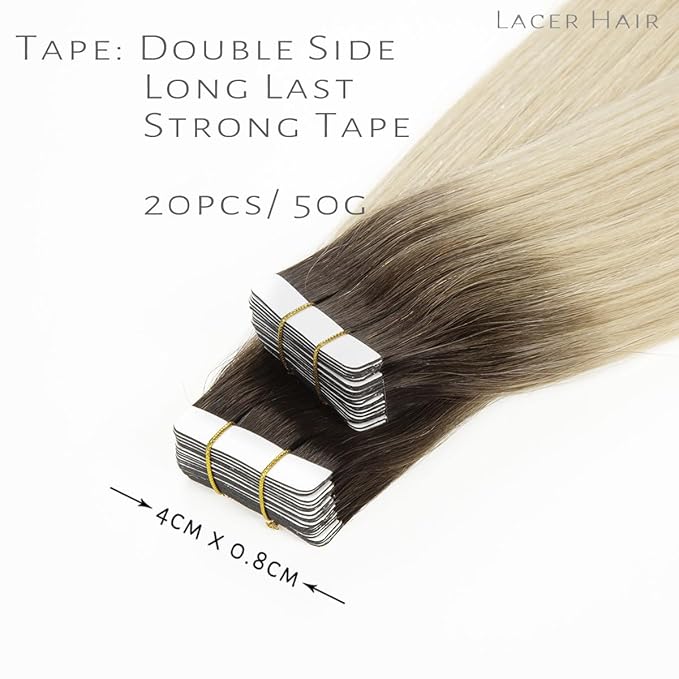 Lacer Hair Tape in Hair Extension Human Hair Balayage Platinum Blonde Hair with Darker Brown Roots Double Sided PU Weft Seamless Straight Natural Human Hair Tape in Extensions 50g 20pcs 14 Inch