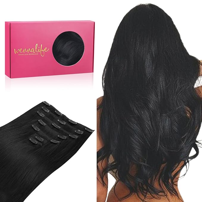 WENNALIFE Clip in Hair Extensions - Real Human Hair, 14 Inch 120g 7pcs Jet Black Hair Extensions - Remy Clip in Human Hair Extensions - Natural Double Weft