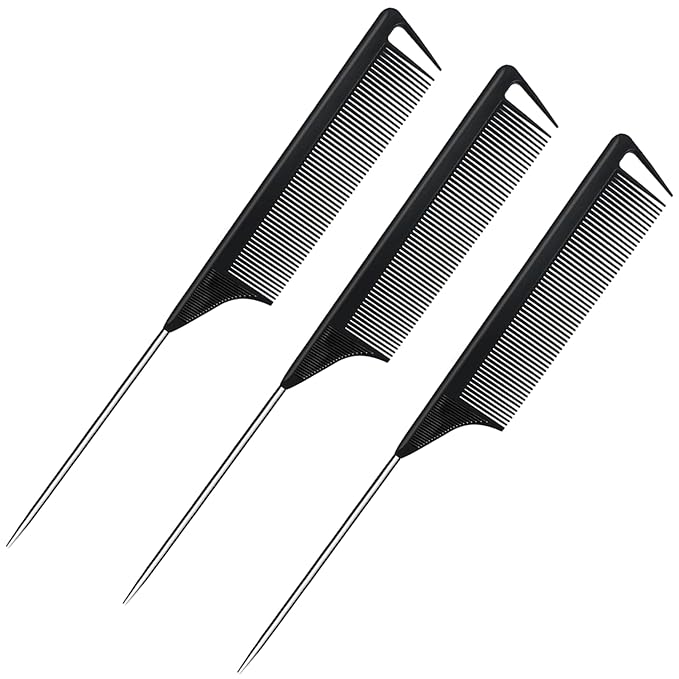 Hair Metal Carbon Parting Combs 3PCS, for Women and Girls, for Curly, Braiding, Styling (Black)
