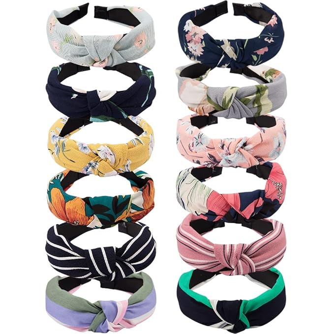 Wide Knotted Headbands for Women - 12 Pack Boho Hair Accessories, Elastic Turban Bandeau for Washing Face