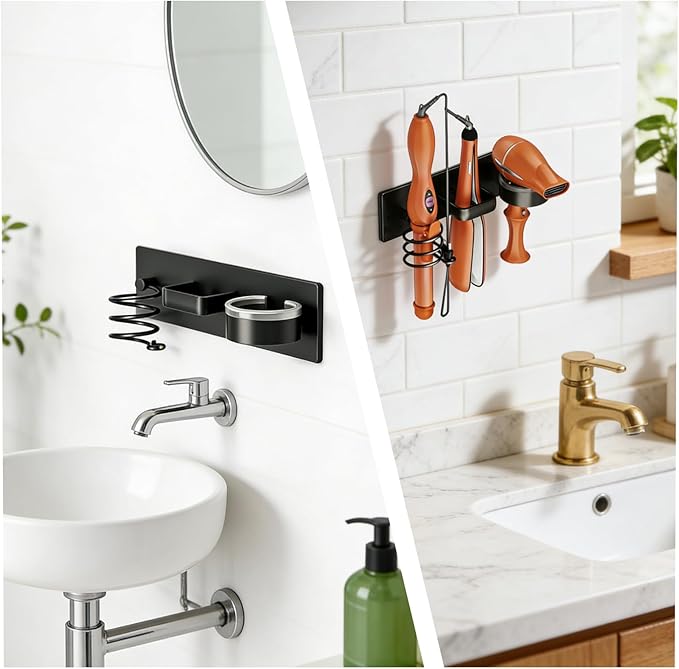 3 in 1 Wall Mounted Hair Dryer Holder, Metal Hair Dryer Stand with Organizer for Curling Iron & Styling Tools, Punch-Free & Punchable Bathroom Storage Rack