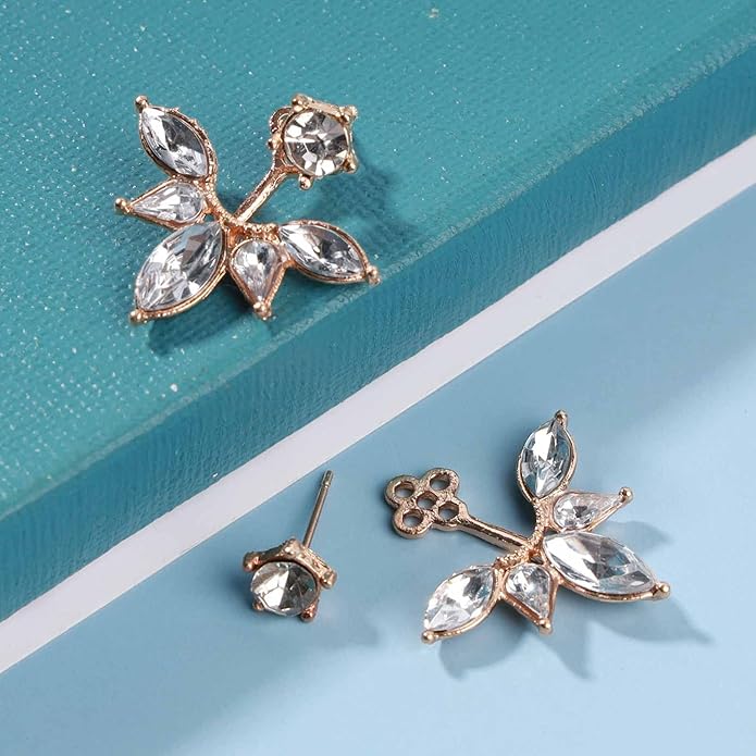 Boho Crystal Lotus Jackets Earrings Gold Crystal Studs Earrings Sparkle Rhinestone Ear Jackets Earrings CZ Ear Climber Earrings Wedding Earrings Jewelry for Women and Girls