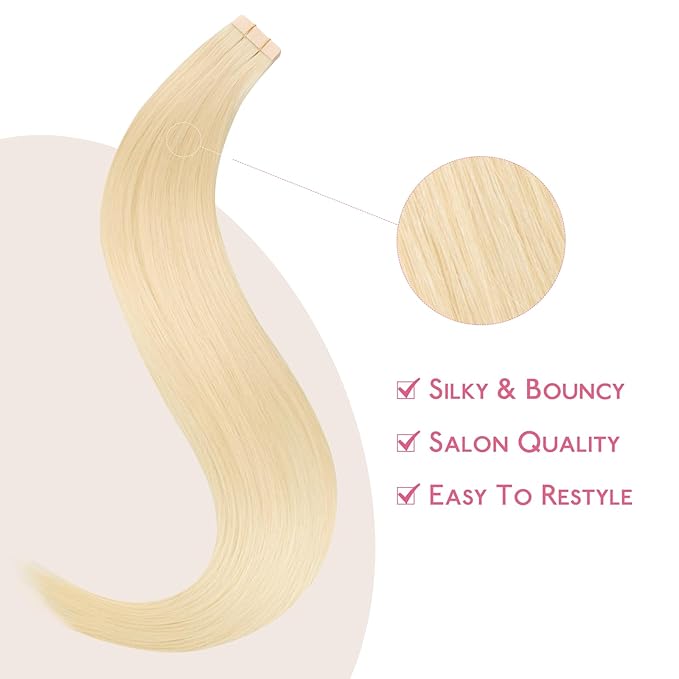 WENNALIFE Tape in Hair Extensions Human Hair Platinum Blonde Tape in Extensions, 10pcs 25g 14 inch Remy Invisible Tape Ins Straight Soft Real Human Hair Tape in Extensions Refill Set Extensions