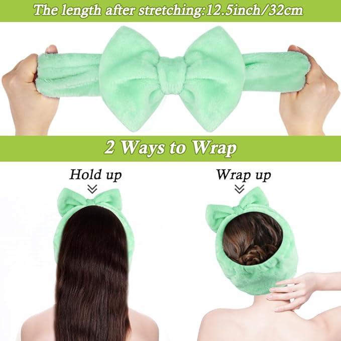 Shintop Makeup Headband, Soft Face Wash Headband with Cute Bow Elastic Spa Hairband for Skincare Facial Mask Showers（Light Green）
