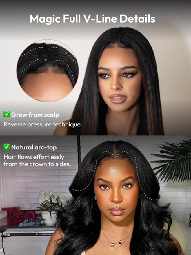 KLAIYI EasiContour V Part Wig Human Hair Body Wave Glueless Upgrade U Part Wig No Leave Out No Gel Clip in Half Wig V Shape Pull and Go Beginner Friendly Ready to Wear Natural Black Color 150% 20Inch